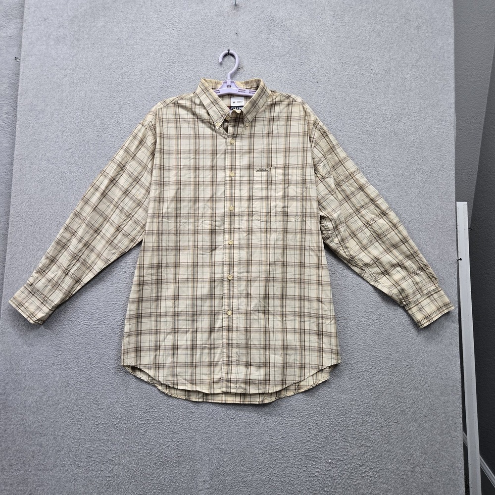 Chaps Ralph Lauren Men Button Up Shirt L/G Beige Plaid Logo Long Sleeve